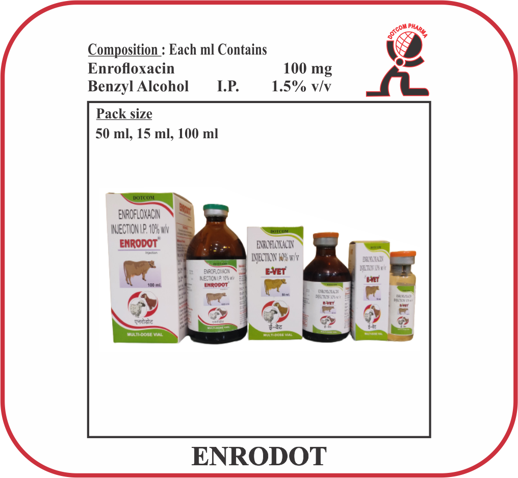ENRODOT Enrofloxacin Injection – veterinary antibiotic solution for cattle, buffaloes, sheep, goats, horses, swine, and poultry