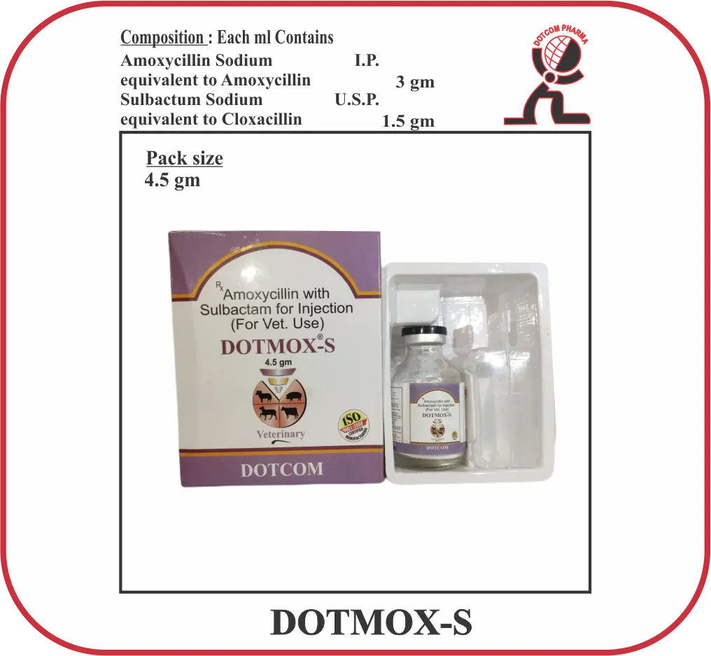 DOTMOX-S Dry Injection Amoxicillin 3 gm Sulbactam 1.5 gm Veterinary Antibiotic