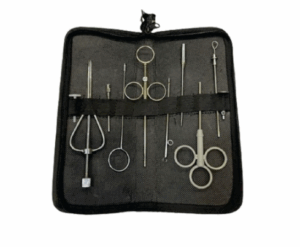 Veterinary surgical instrument kit with stainless steel tools in a black zip pouch