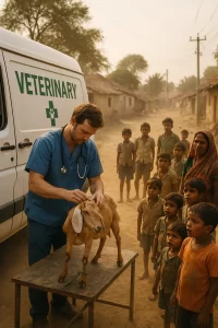 Veterinarian treating a goat in an Indian village as local children watch near a mobile vet van