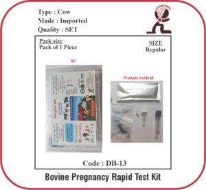 Bovine Pregnancy Rapid Test Kit contents including sealed test pouch, sample collection tube, dropper, and instruction leaflet displayed next to the kit packaging.