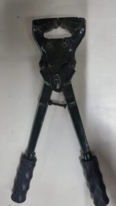 Metal livestock hoof cutter with two blue rubber handles, designed for precise hoof trimming.