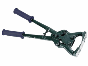 Metal livestock hoof cutter with two blue rubber handles, designed for precise hoof trimming.