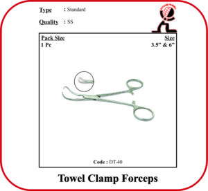 DT-40 Towel Clamp Forceps from Dotcom Pharma made of stainless steel in 3.5 and 6 inches for veterinary surgical use" 